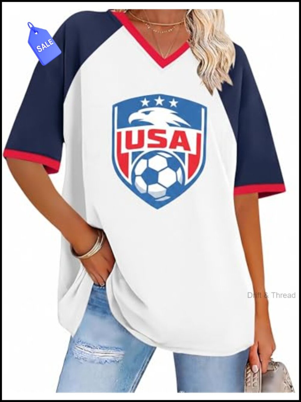 Women's USA Soccer Jersey V-Neck Oversized Sport Shirt Loose Fit